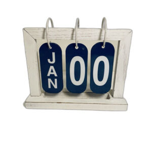Desk Calendar/ Metal With Wooden Frame/ Navy Blue & White